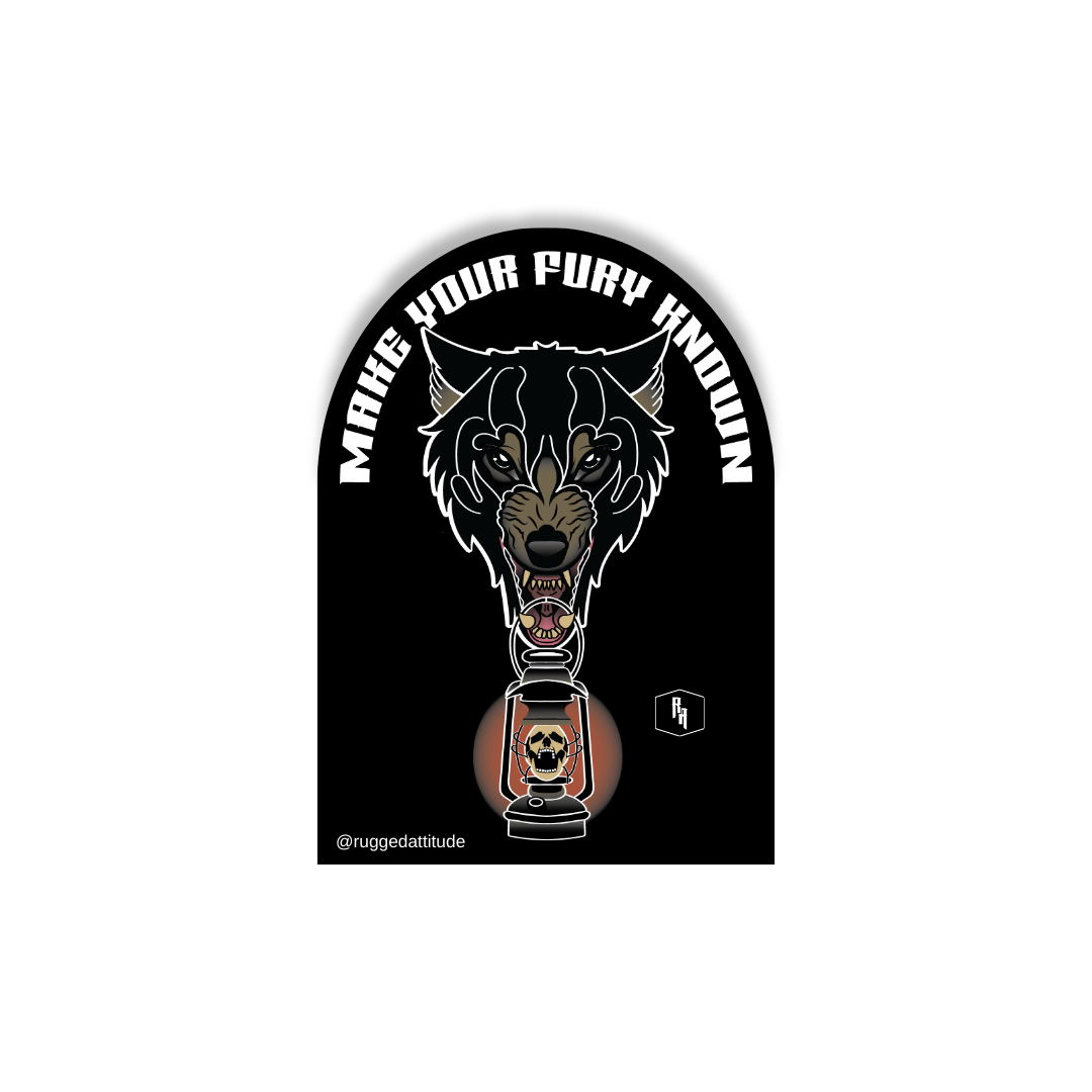 2x3 inch die cut sticker, with the design of a wolf holding a lantern and gothic calligraphy words "make your fury known". Branded with Rugged Attitude logo.