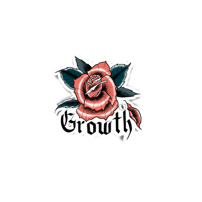 3x3 inch die cut sticker with a design of a rose with a fallen petal and gothic calligraphy word "growth". Branded with Rugged Attitude logo.