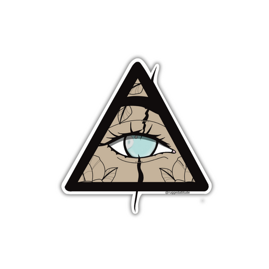 a 2x2 inch die cut sticker with a design of a blind eye in a triangle with floral accents. Branded with Rugged Attitude.