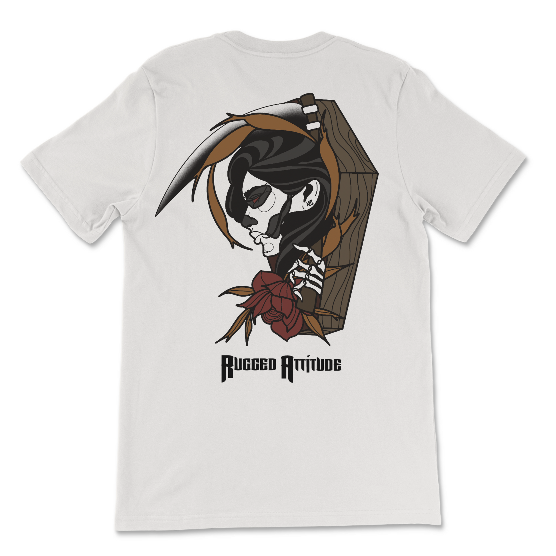 Back display of a vintage white t-shirt with a design of a female skull holding a scythe in a coffin with floral accent. Branded with Rugged Attitude logo.