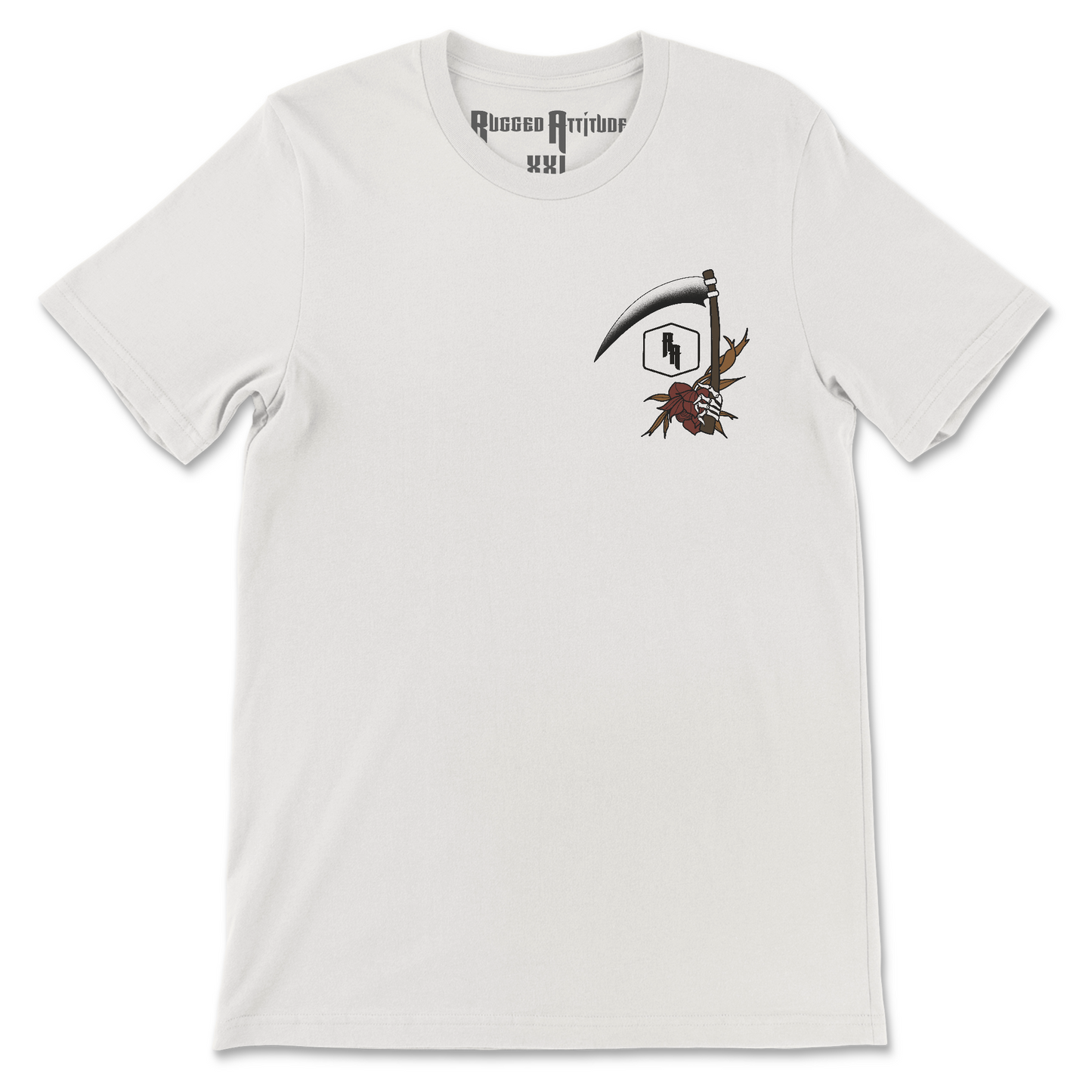 Front display of a vintage white t-shirt with the design of scythe with floral accent. Branded with Rugged Attitude logo.