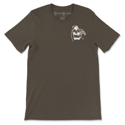 Front display of an army green t -shirt with the design of a reaper skull with fire in eyes. Branded with Rugged Attitude logo.