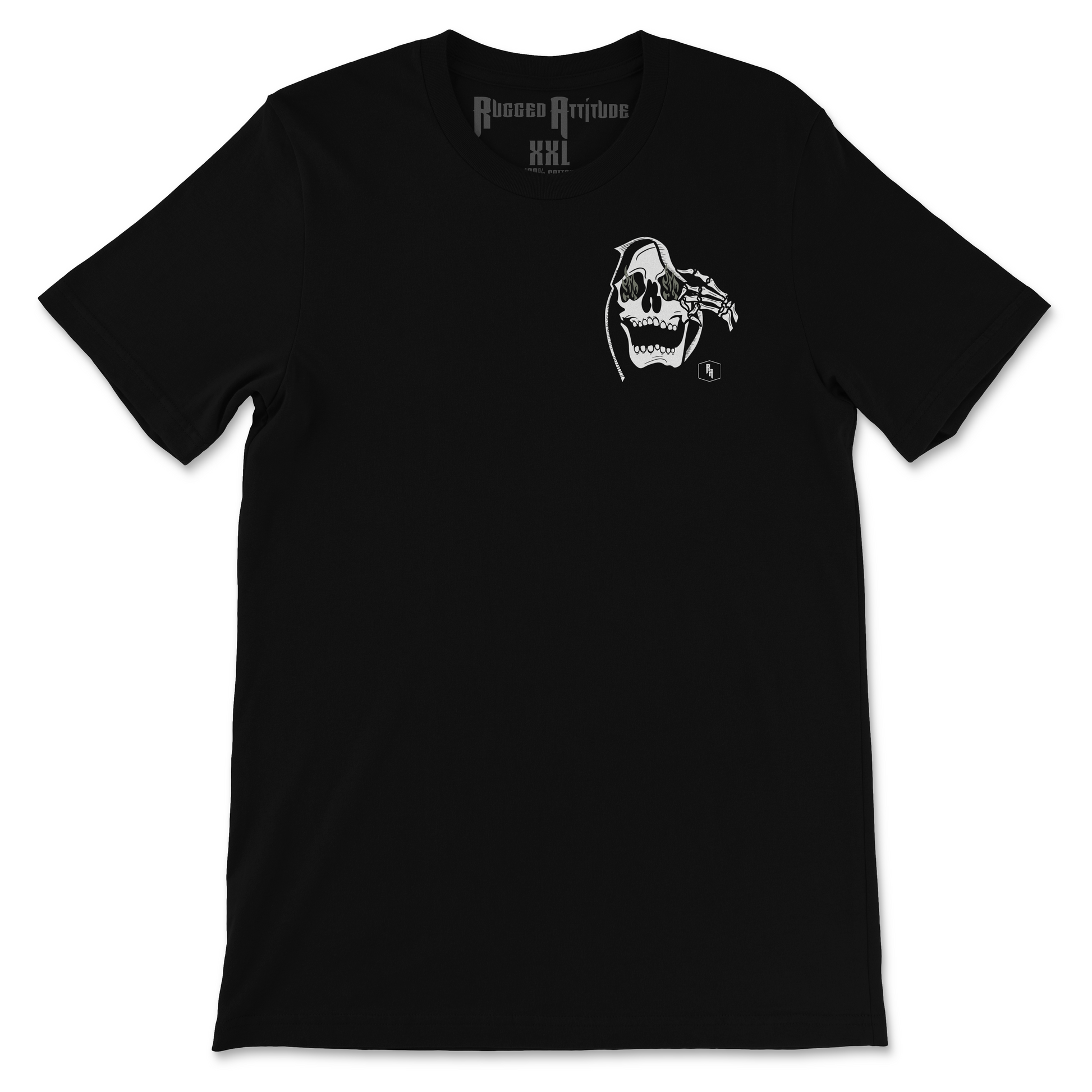 Front display of a black t-shirt with the design of a reaper skull with fire in eyes. Branded with Rugged Attitude logo.