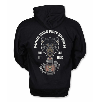 Back display of a black hoodie with the design of a wolf holding a lantern with gothic calligraphy words "make your fury known". Branded with Rugged Attitude logo.