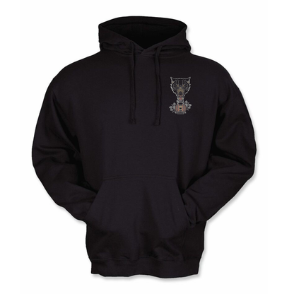 Front display of a black hoodie with the design of a wolf holding a lantern. Branded with Rugged Attitude logo.