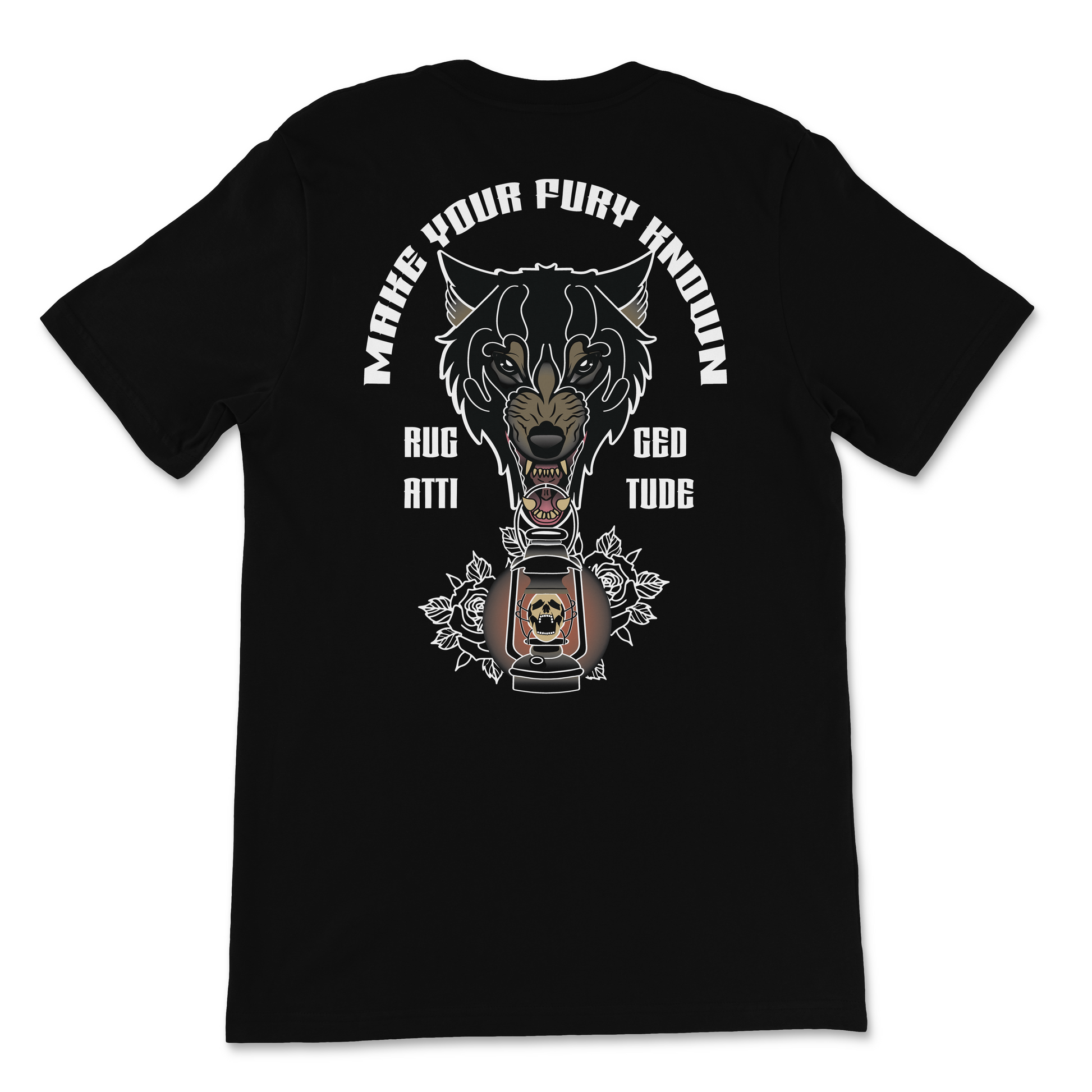 Back display of a black t-shirt with the design of a wolf holding a lantern and gothic calligraphy words "make your fury known". Branded with Rugged Attitude logo.