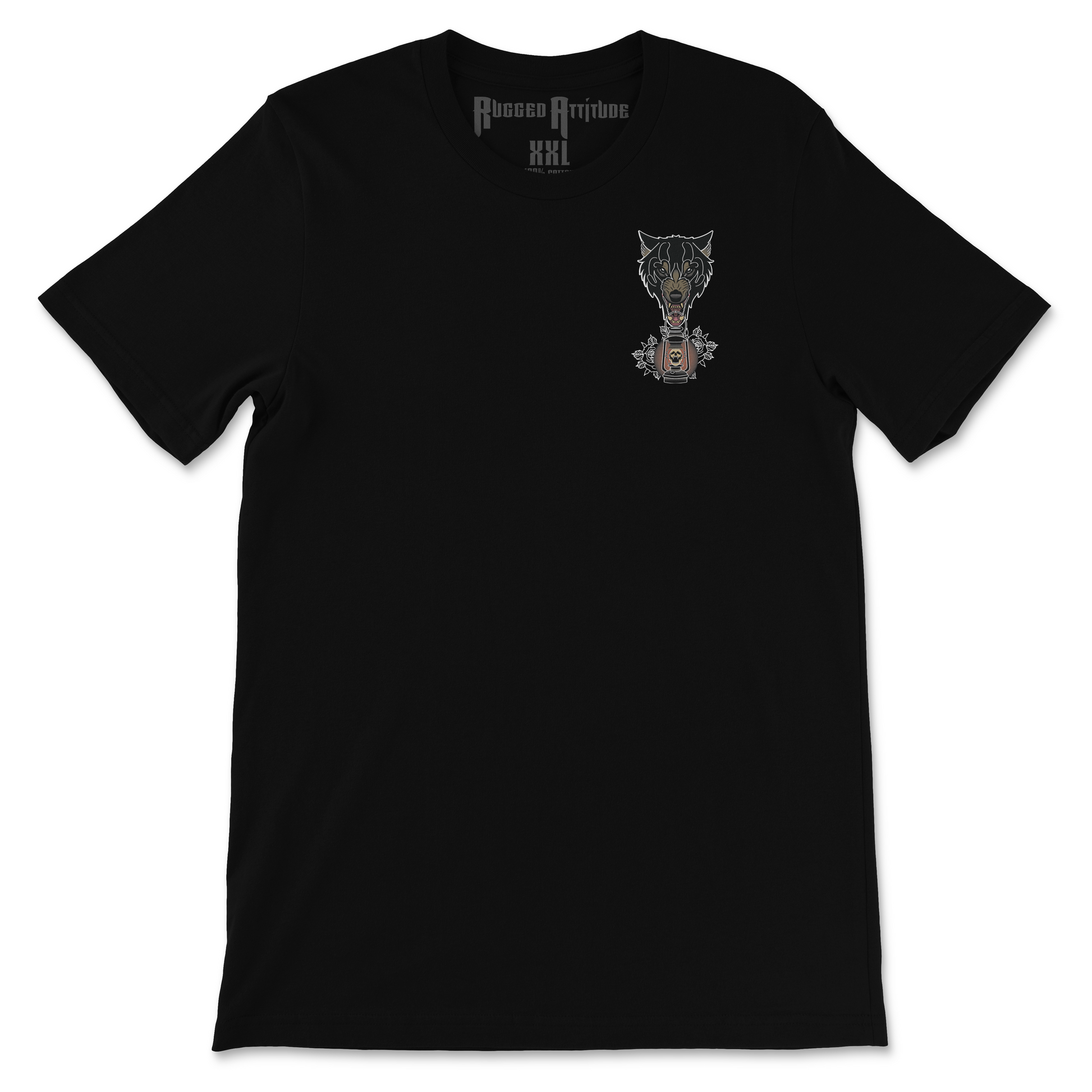 Front display of a black t-shirt with the design of a wolf holding a lantern. Branded with Rugged Attitude logo.